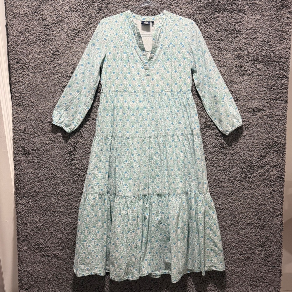 Madison Mathews Maxi Dress Womens XS Blue Excellent Block Print Tiered Cotton